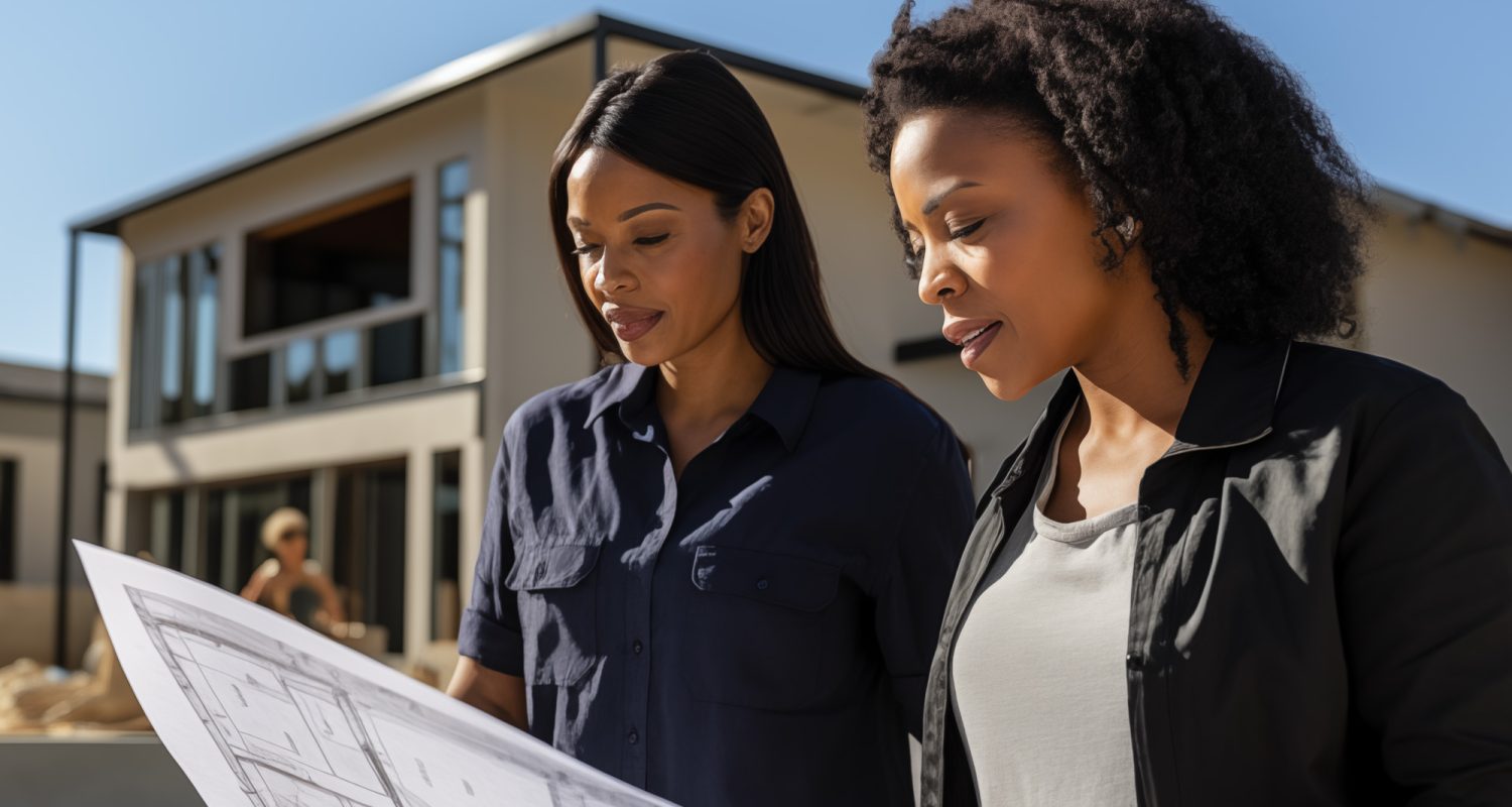 two woman looking at architectural plans in front of modern building