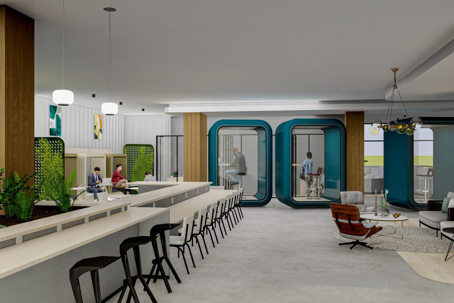 pavilion mall interior with blue cubicles