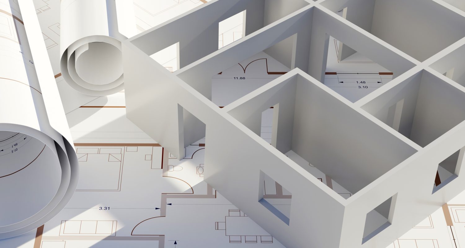 concept image with architectural plans and model